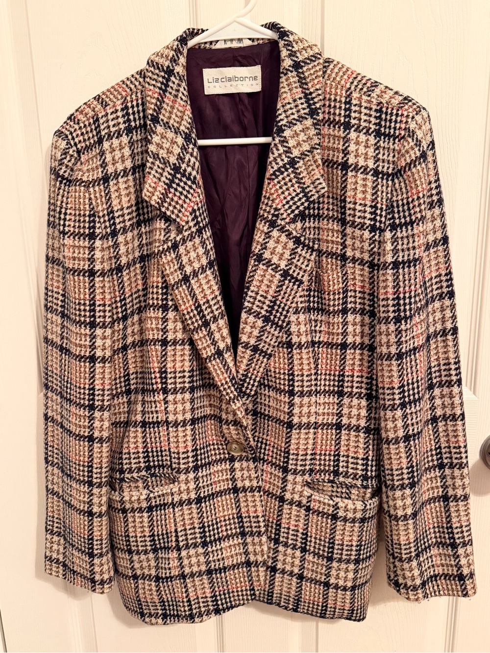 Vintage Liz Claiborne Beige Black Plaid Wool Blazer